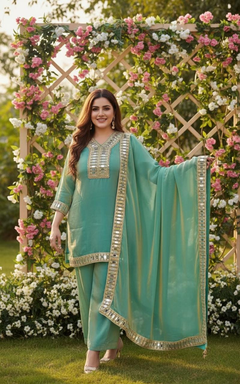 Designer Teal V - Neckline Top & Palazzo With Mirror Work - Festive Wear