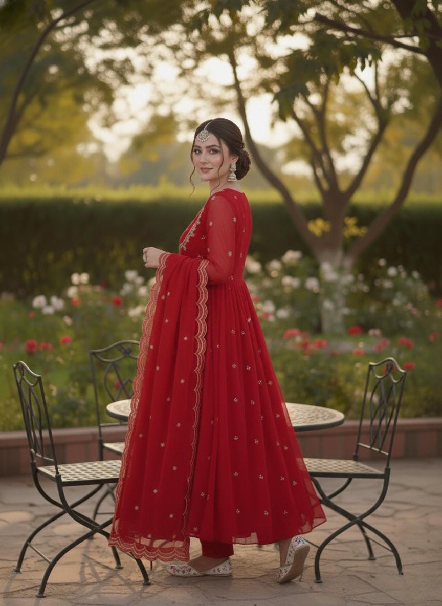 Red Embroidered Georgette Anarkali Suit Set with Dupatta - Pakistani Wedding Gown