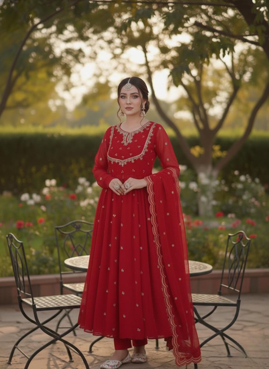 Red Embroidered Georgette Anarkali Suit Set with Dupatta - Pakistani Wedding Gown