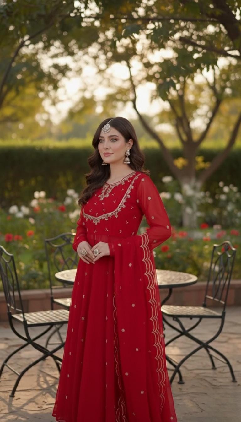 Red Embroidered Georgette Anarkali Suit Set with Dupatta - Pakistani Wedding Gown