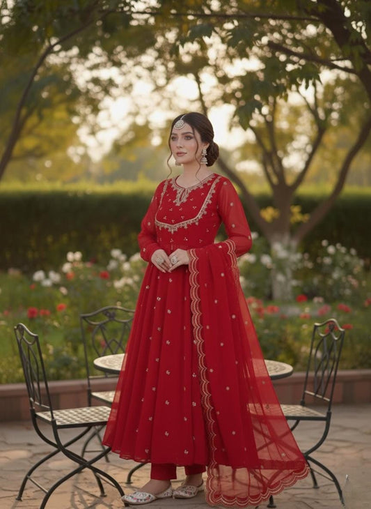 Red Embroidered Georgette Anarkali Suit Set with Dupatta - Pakistani Wedding Gown