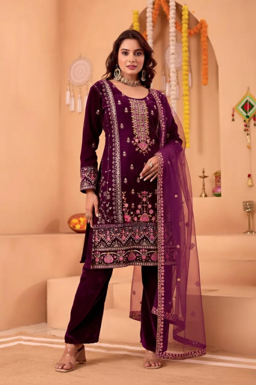 Heavy Viscose Velvet Sequin Embroidered Suit Set with Pant and Dupatta