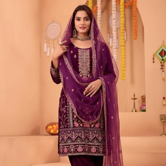 Heavy Viscose Velvet Sequin Embroidered Suit Set with Pant and Dupatta