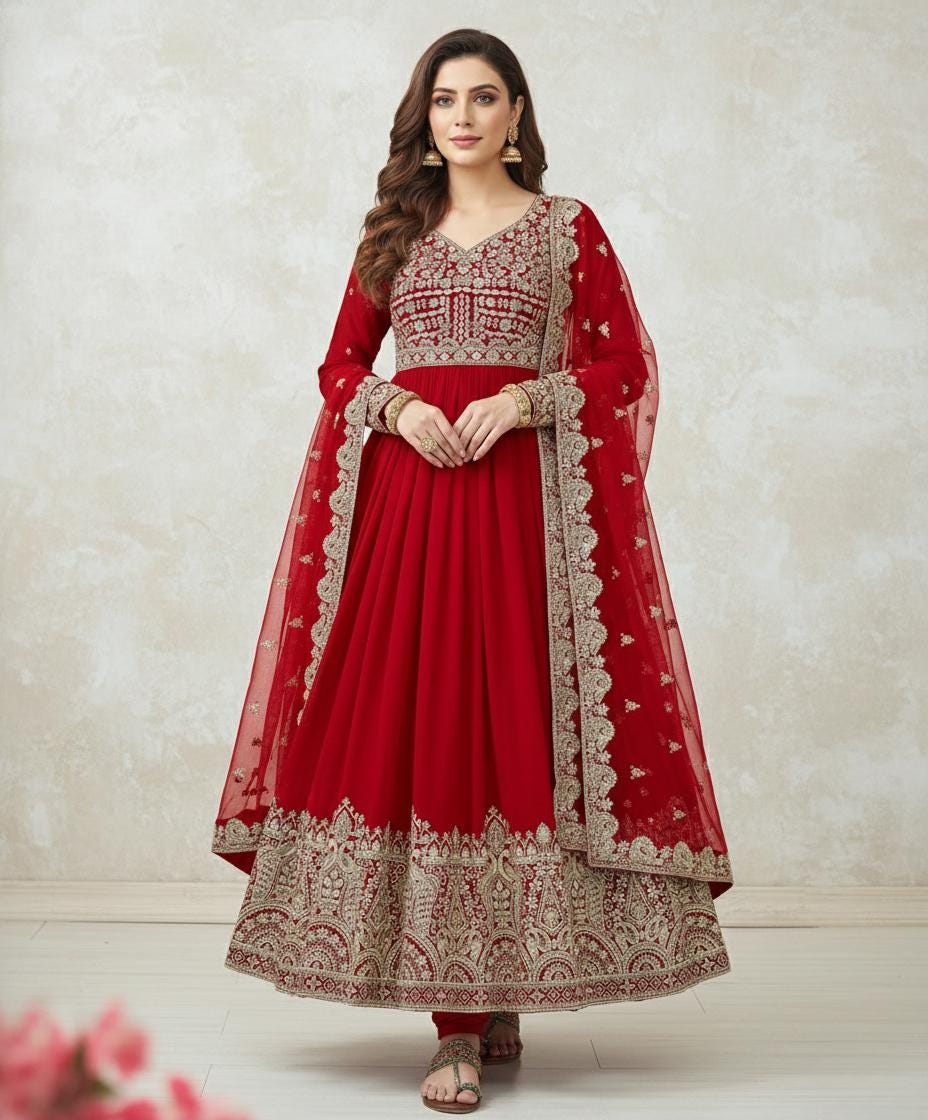 Embroidered Anarkali Gown Set in Heavy Faux Georgette with Dupatta and Chudidar