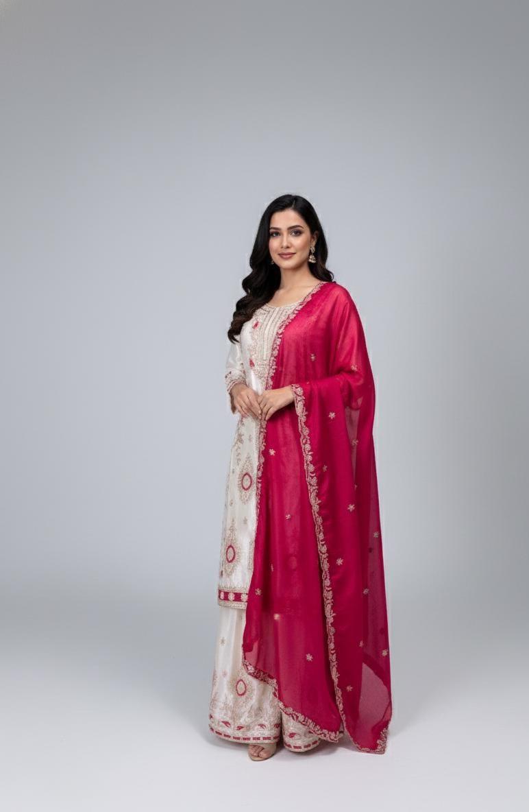 Pink Pure Chinon Silk White Kurta & Palazzo With Pink Dupatta Sequence Embroidered Work