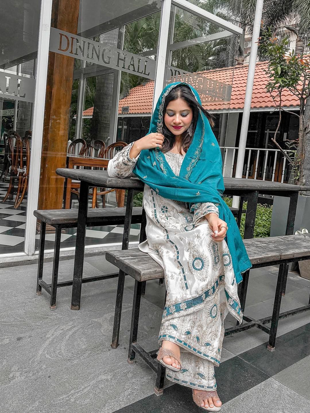 Cream Pure Chinon Silk Embroidered Kurta Palazzo Dupatta Set for Eid