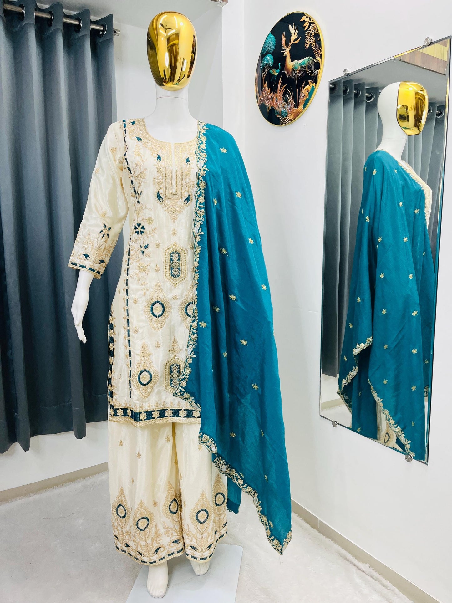 Cream Pure Chinon Silk Embroidered Kurta Palazzo Dupatta Set for Eid