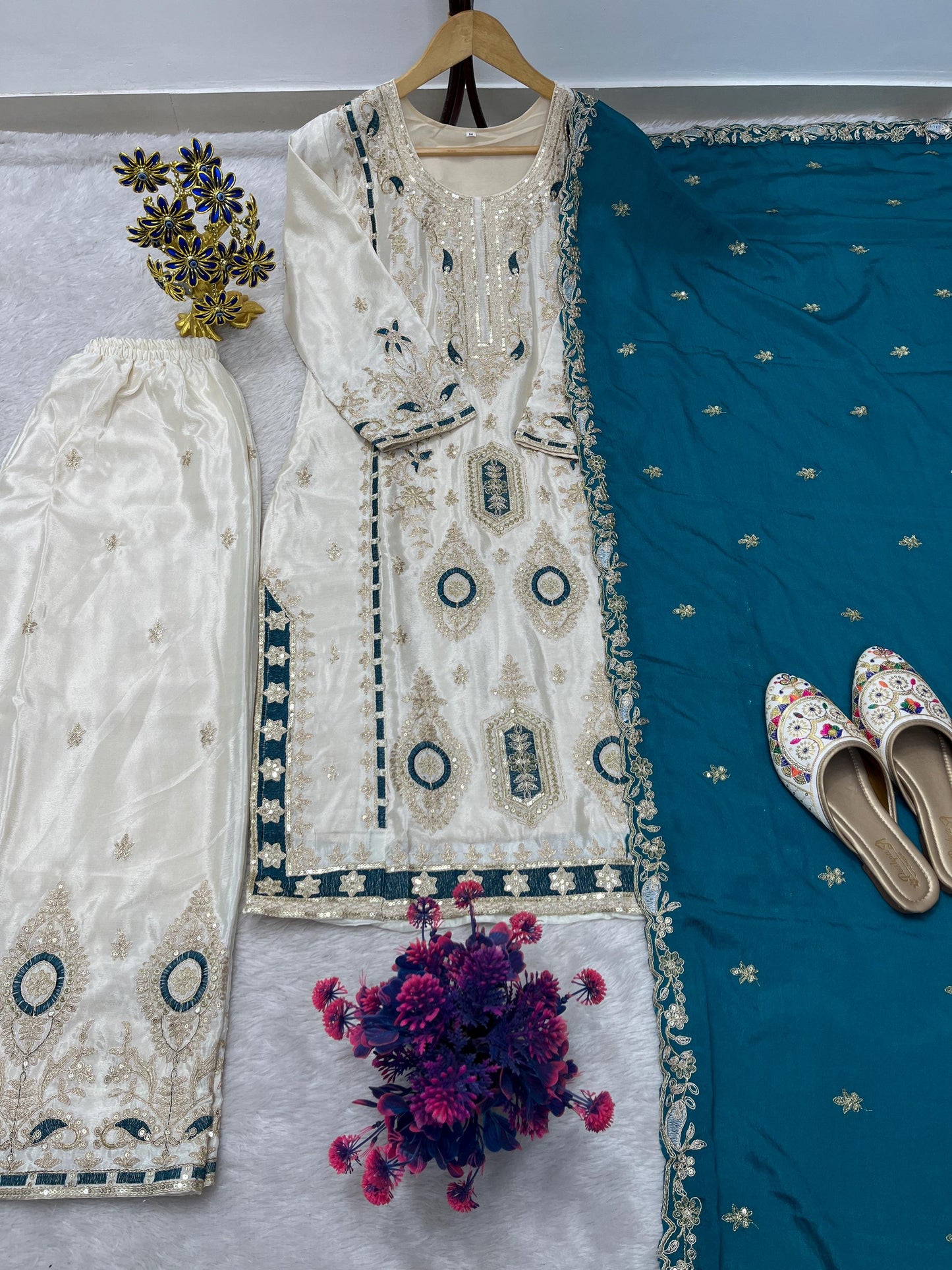 Cream Pure Chinon Silk Embroidered Kurta Palazzo Dupatta Set for Eid