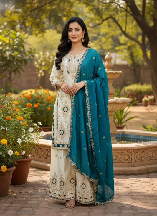Cream Pure Chinon Silk Embroidered Kurta Palazzo Dupatta Set for Eid