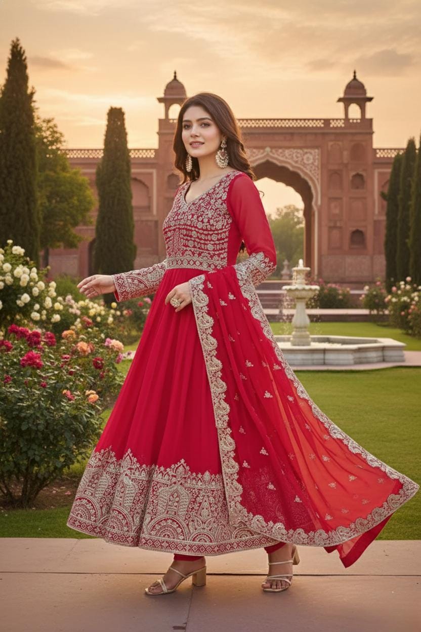Luxury Hot Pink Faux Georgette Gown Set with Heavy Sequin Embellished Matching Dupatta