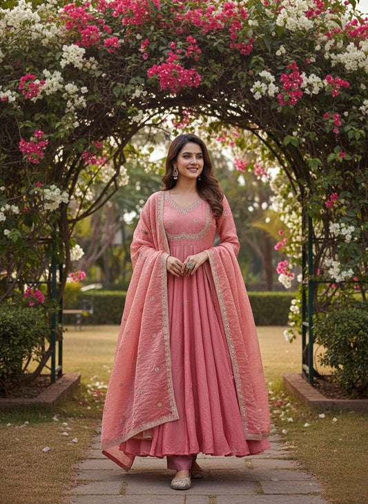Designer Party Wear Silk Gown Set | Heavy Embroidery Sequins Gown with Dupatta & Pant