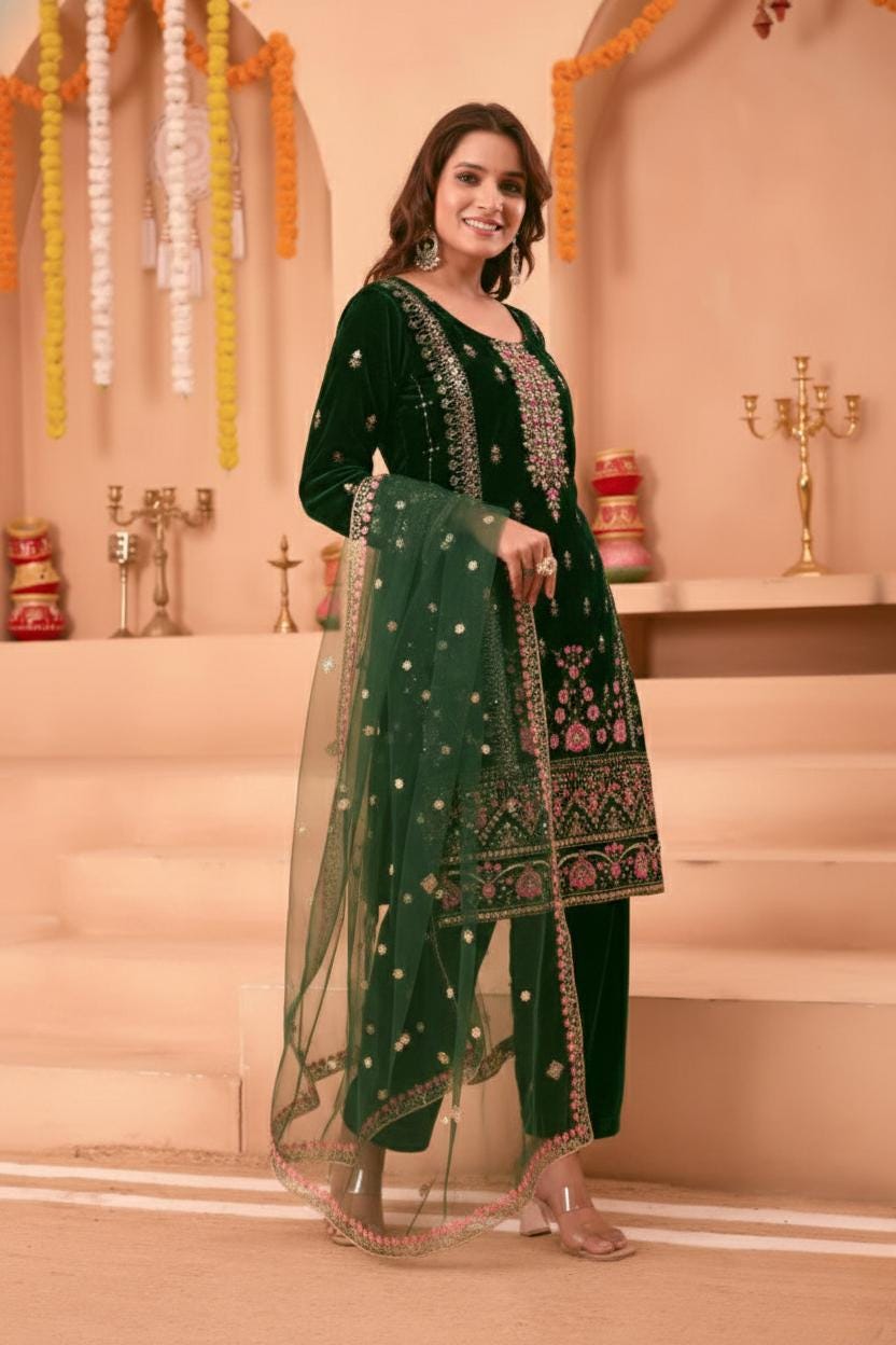 Designer Heavy Viscose Velvet Sequin Embroidered Suit Set with Pant and Butterfly Net Dupatta