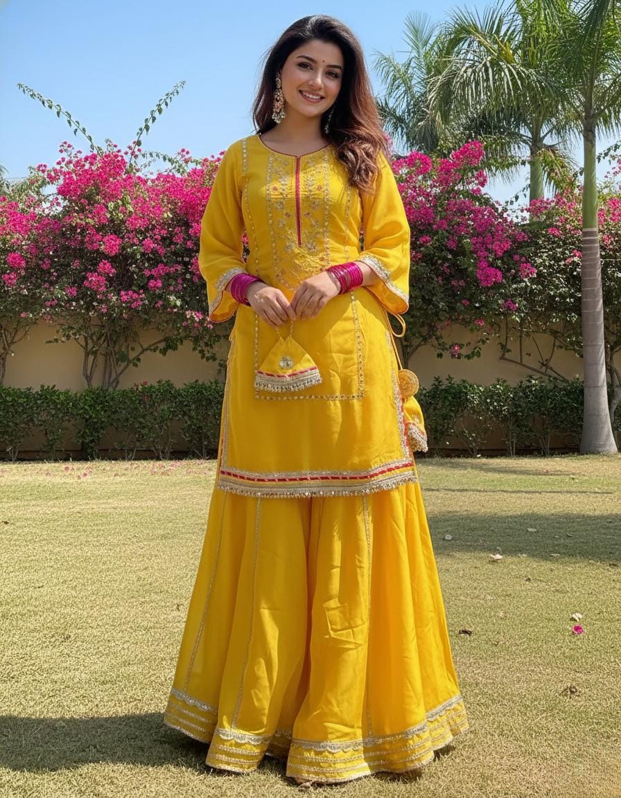 Kurta & Palazzo Dupatta Set With Pure Organza Silk Embroidered Suit - Haldi Outfit