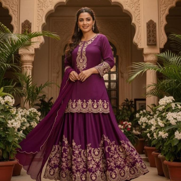 Designer Luxury French Crepe Sharara Suit Set with Embroidered Dupatta for Womens Wear