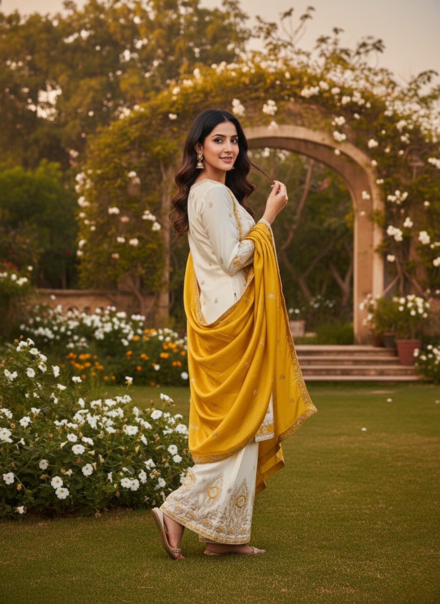 Designer Pure Chinon Silk Embroidered Kurta Palazzo Set with Mustard Dupatta