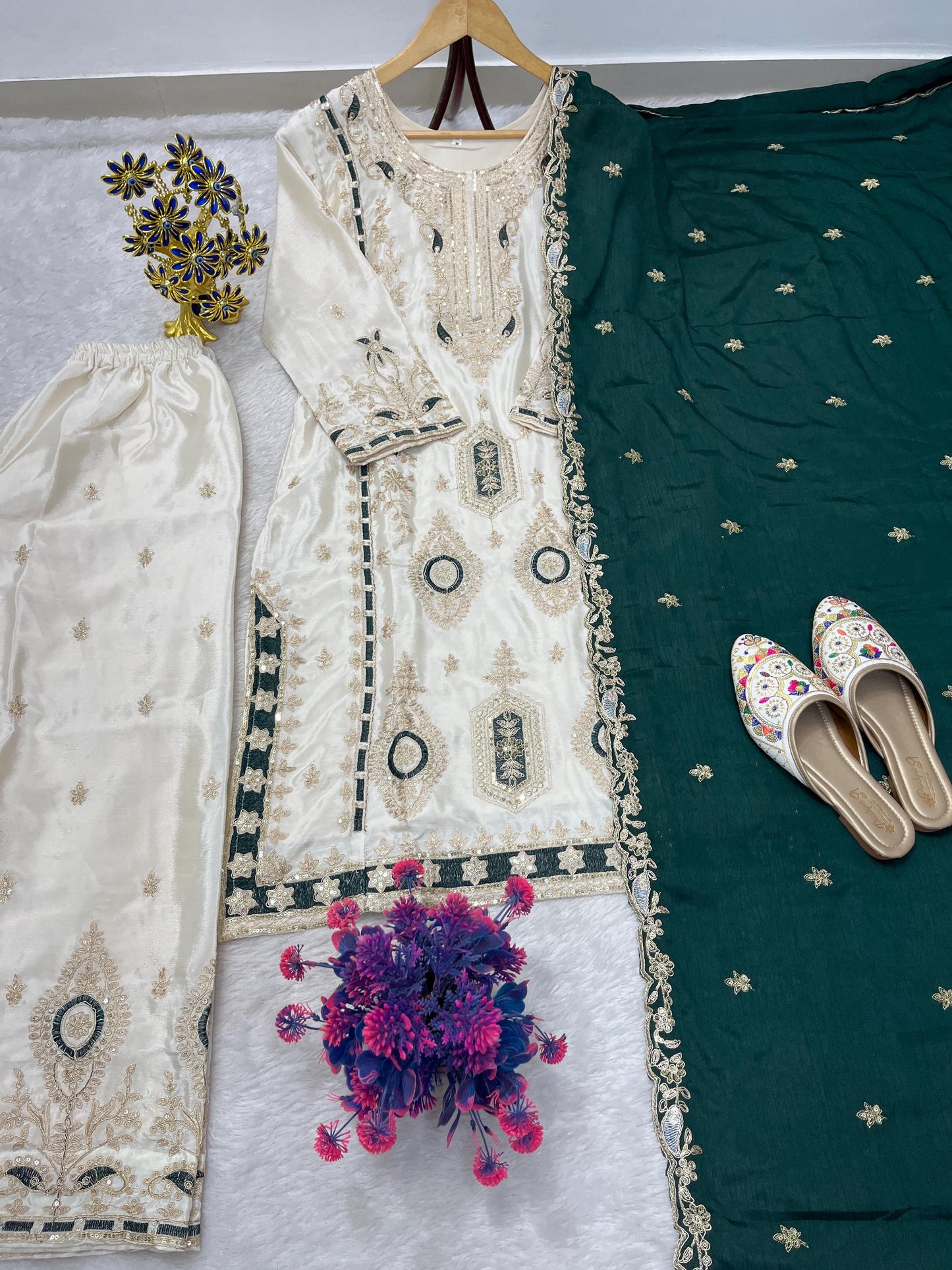 Eid Special Pure Chinon Silk Embroidered Kurta Palazzo Dupatta Set