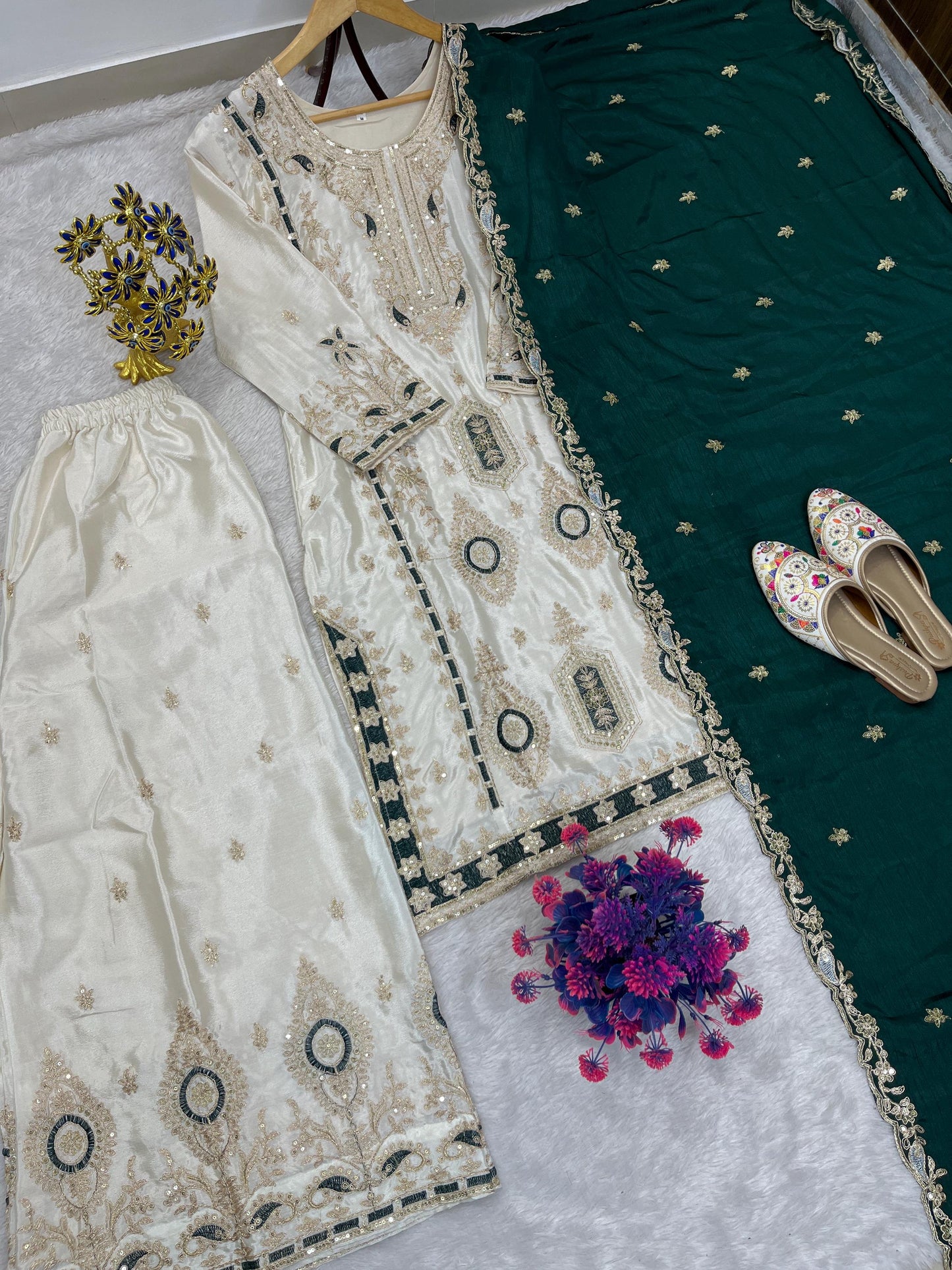 Eid Special Pure Chinon Silk Embroidered Kurta Palazzo Dupatta Set
