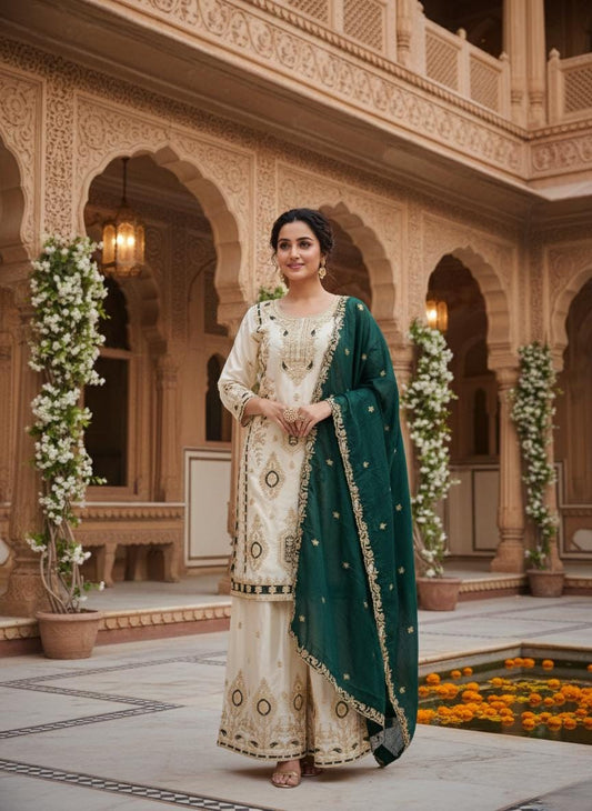 Eid Special Pure Chinon Silk Embroidered Kurta Palazzo Dupatta Set