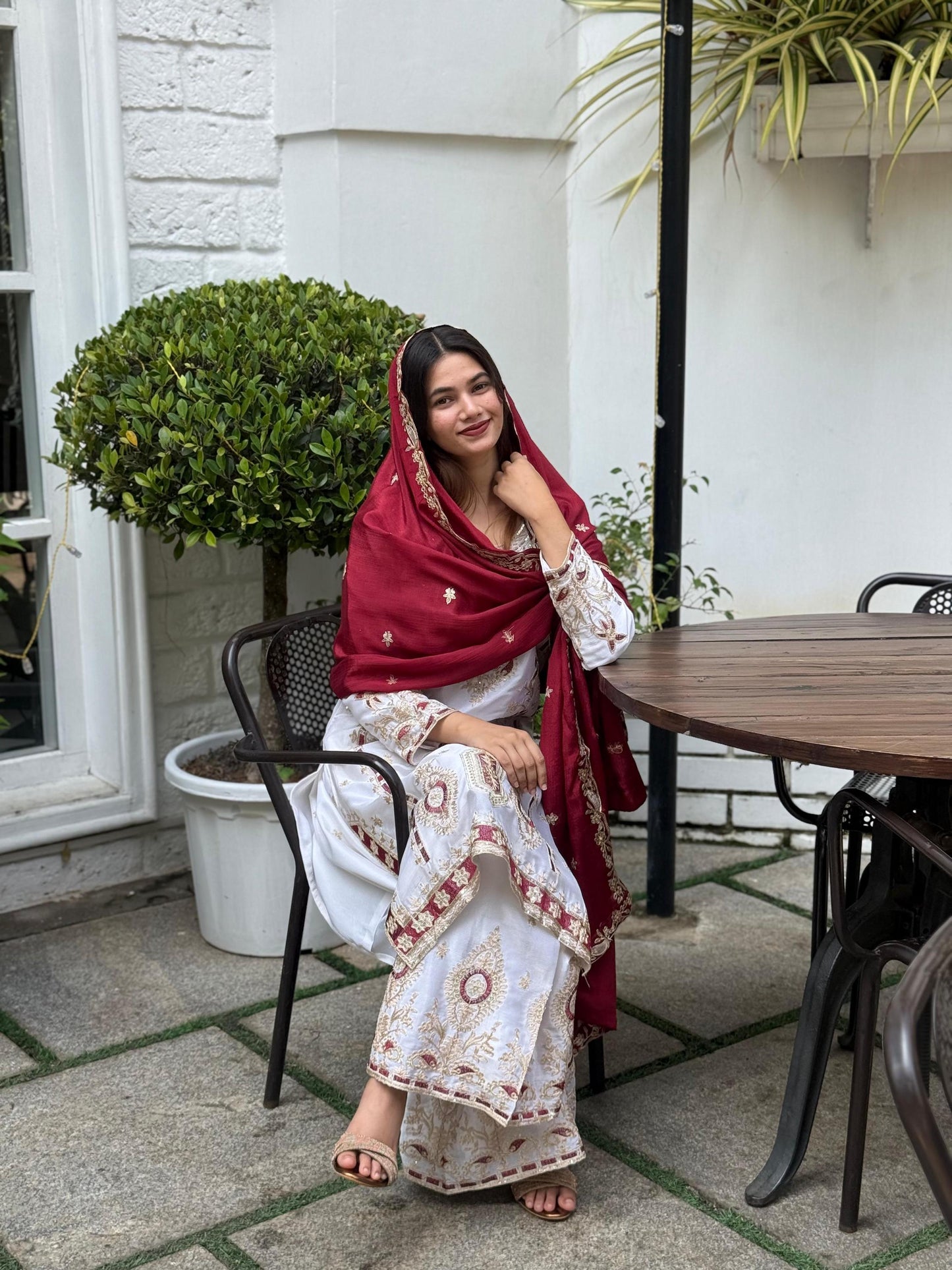 Elegant Cream & Maroon Embroidered Silk Kurta Palazzo Dupatta Set for Eid