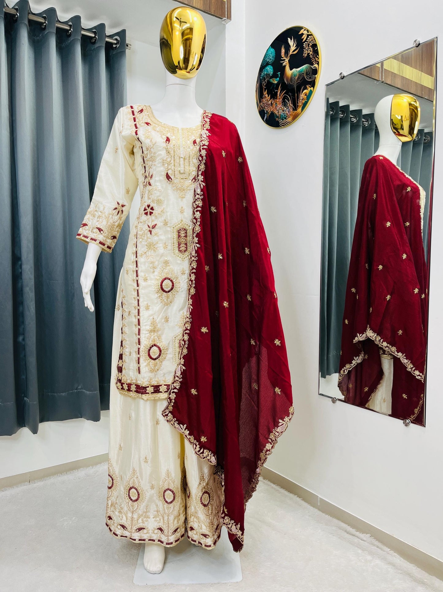 Elegant Cream & Maroon Embroidered Silk Kurta Palazzo Dupatta Set for Eid