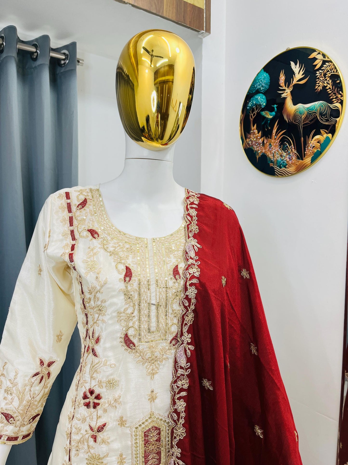 Elegant Cream & Maroon Embroidered Silk Kurta Palazzo Dupatta Set for Eid
