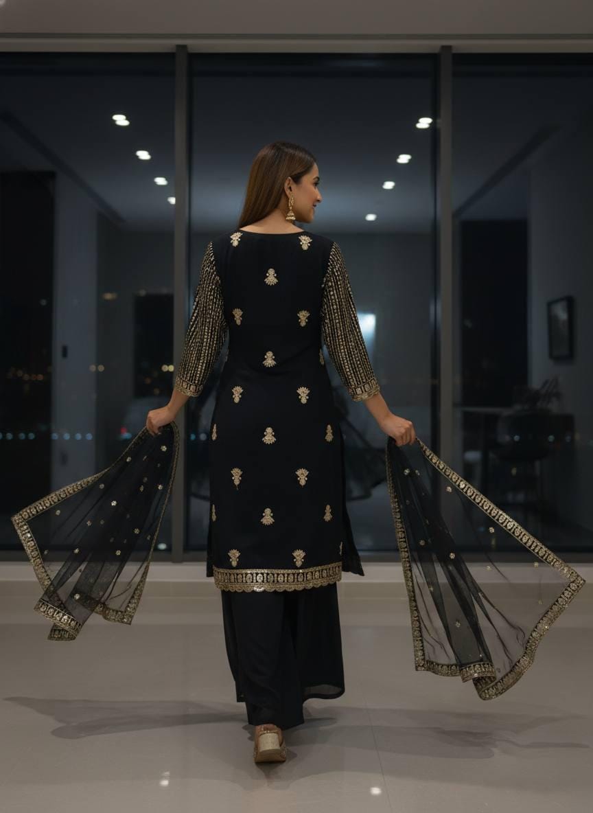 Black Georgette Kurta Palazzo Dupatta Set with Sequins Embroidery