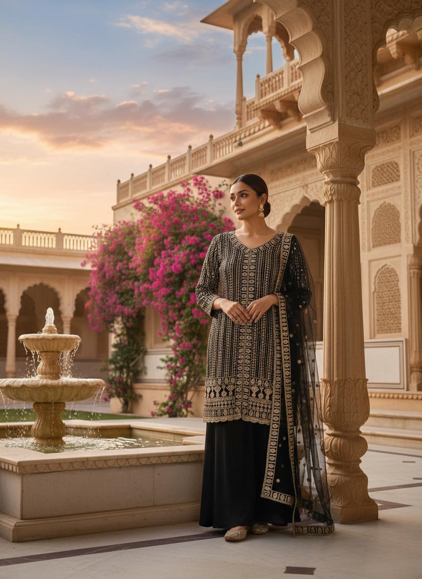 Black Georgette Kurta Palazzo Dupatta Set with Sequins Embroidery