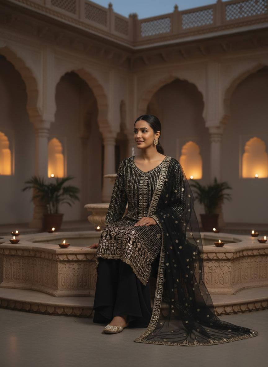 Black Georgette Kurta Palazzo Dupatta Set with Sequins Embroidery