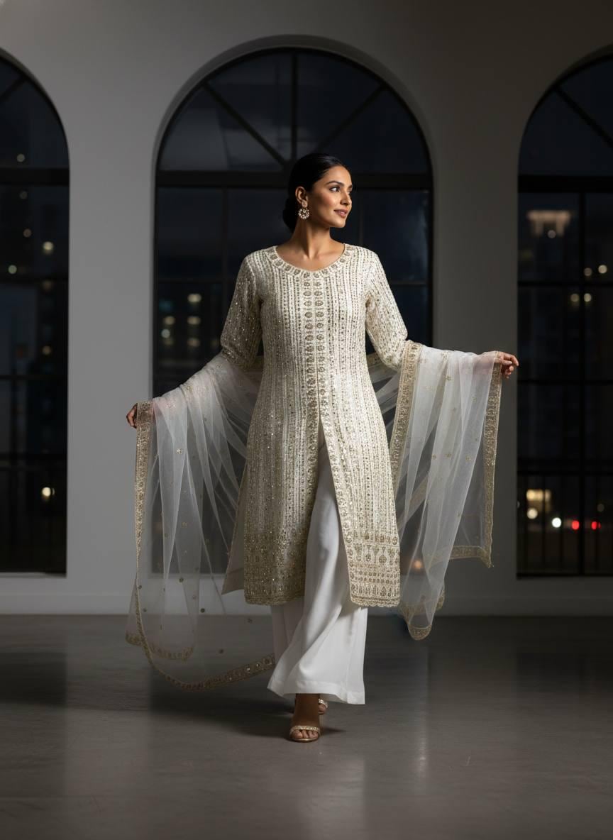 White Georgette Kurti Palazzo Suit Set | Sequins Zari Embroidery Dupatta