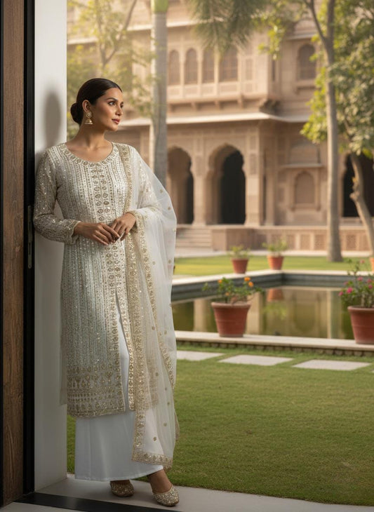 White Georgette Kurti Palazzo Suit Set | Sequins Zari Embroidery Dupatta
