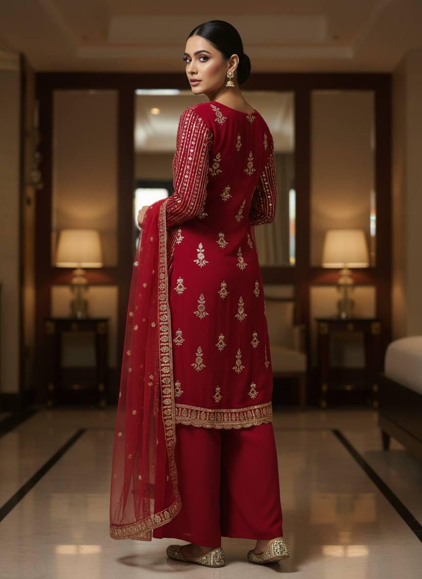 Designer Red Pakistani Wedding Shalwar kameez Suit With Dupatta Set