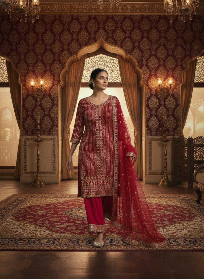 Designer Red Pakistani Wedding Shalwar kameez Suit With Dupatta Set