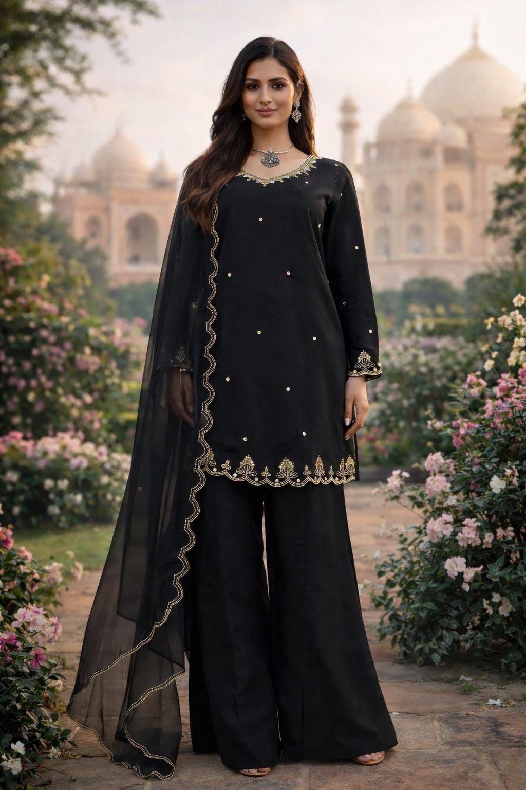 Designer Black Georgette Embroidered Kurti Palazzo Set with Net Dupatta