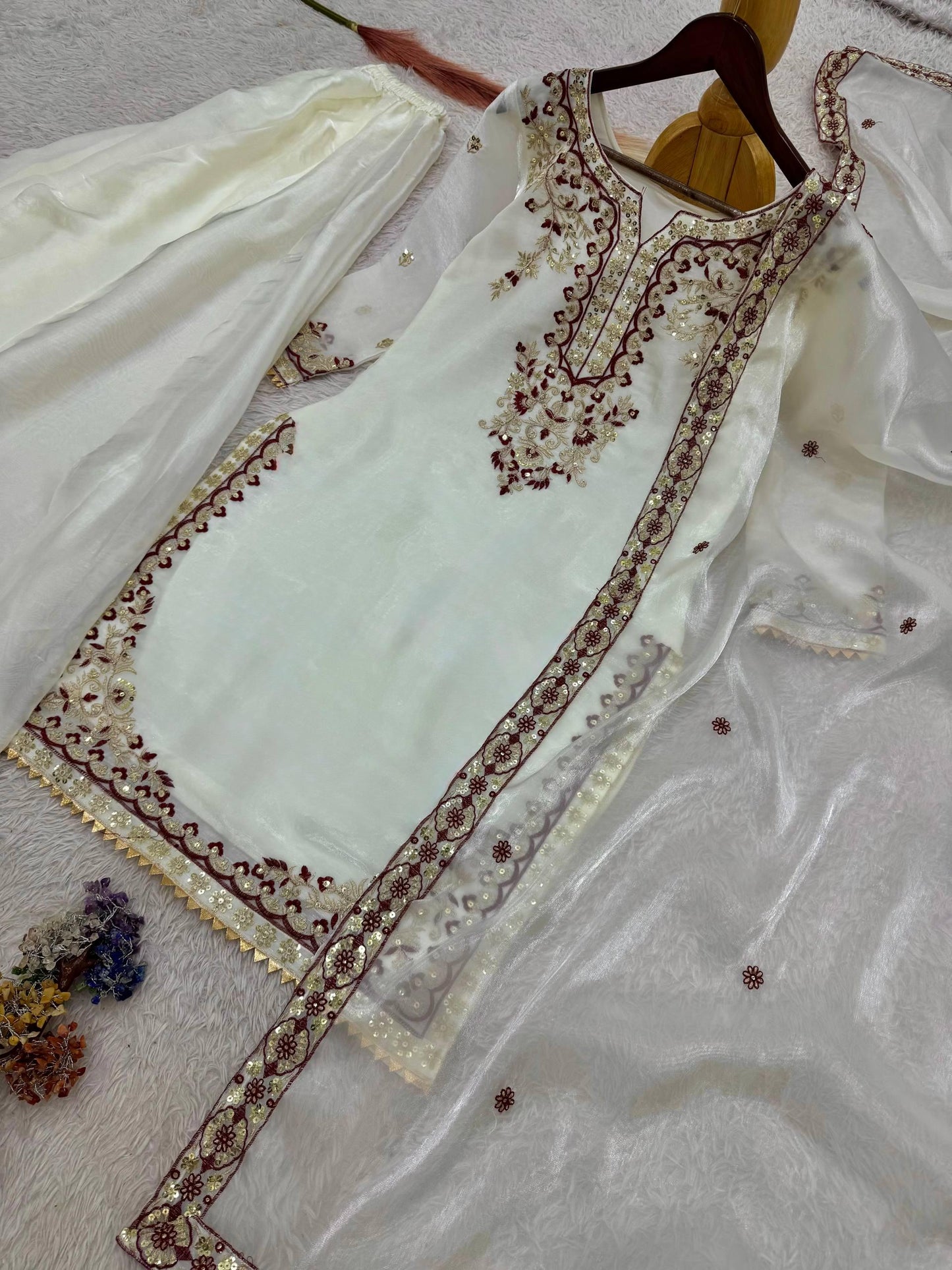 Off White Designer Kurta Palazzo Suit & Embroidery Sequence Work With Dupatta Set