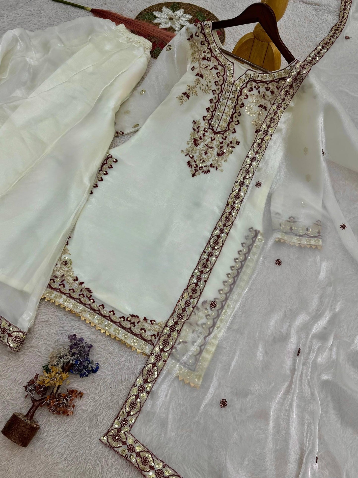 Off White Designer Kurta Palazzo Suit & Embroidery Sequence Work With Dupatta Set