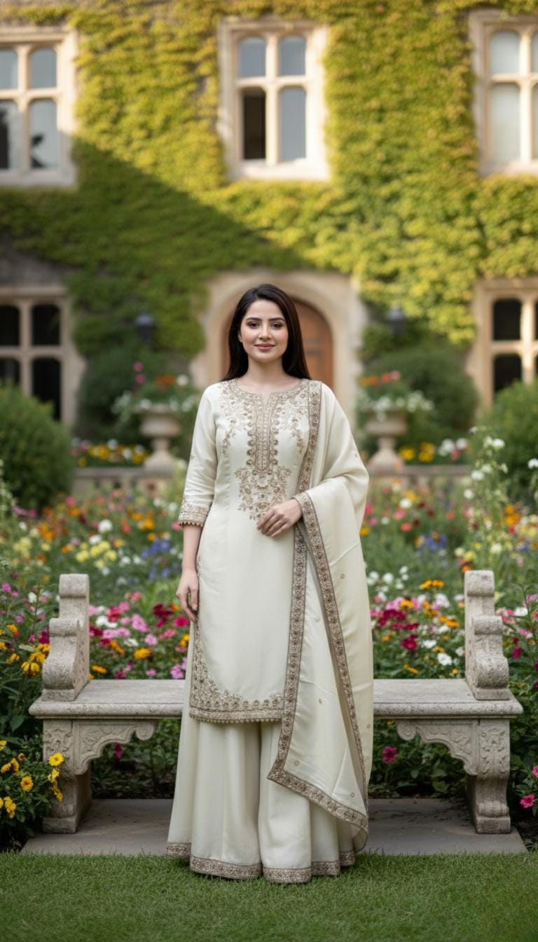 Off White Designer Kurta Palazzo Suit & Embroidery Sequence Work With Dupatta Set