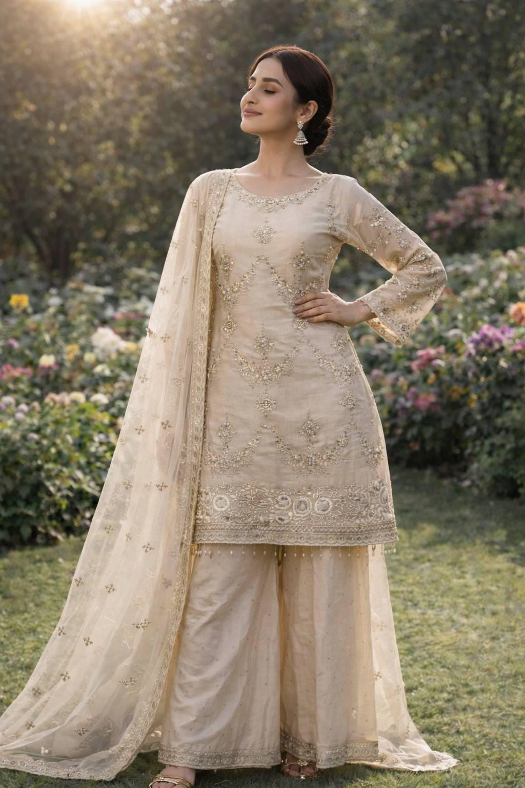 Beige Pakistani Style Palazzo Suit With Dupatta | Embroidered & Sequence Work