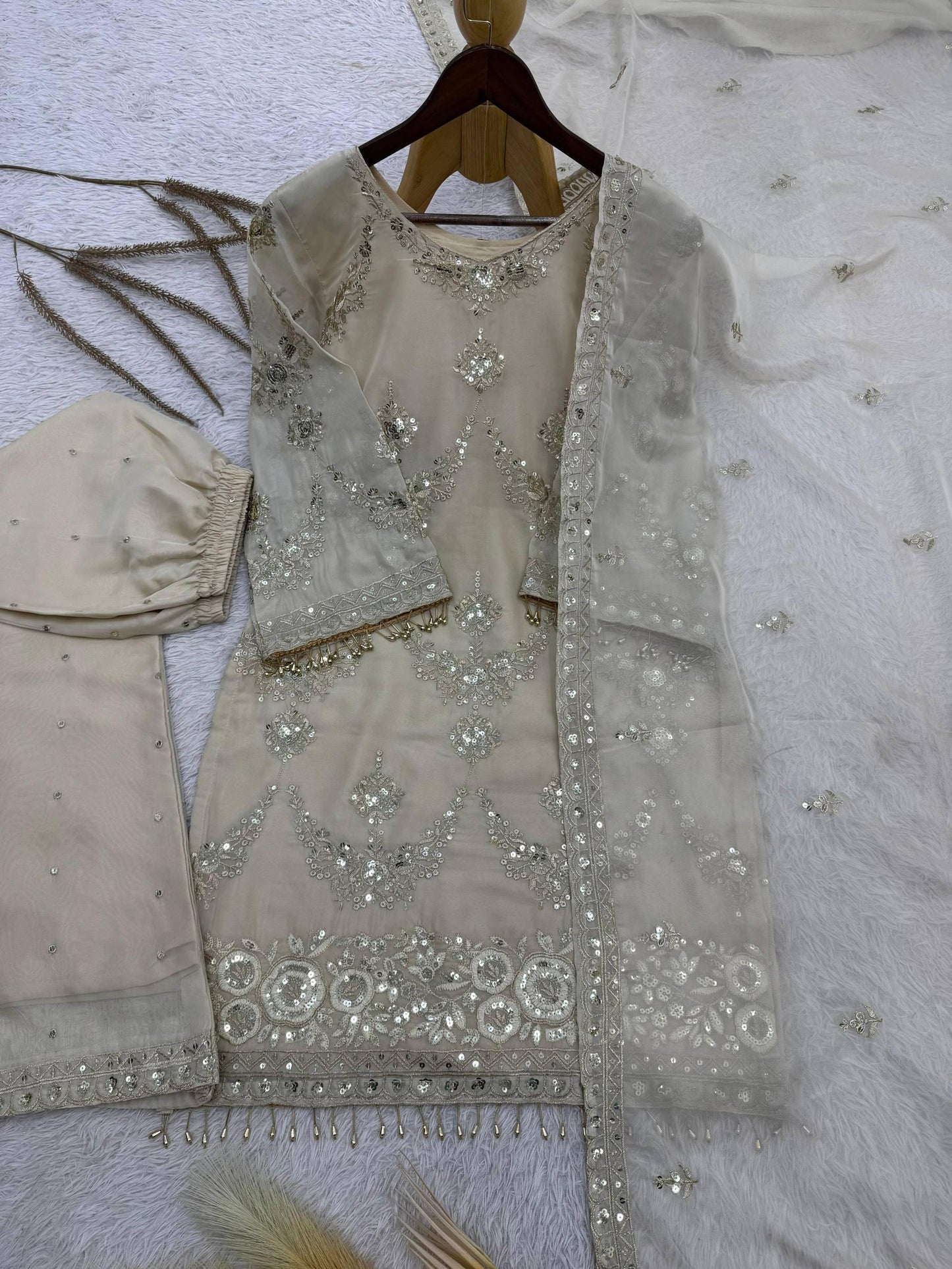 Beige Pakistani Style Palazzo Suit With Dupatta | Embroidered & Sequence Work