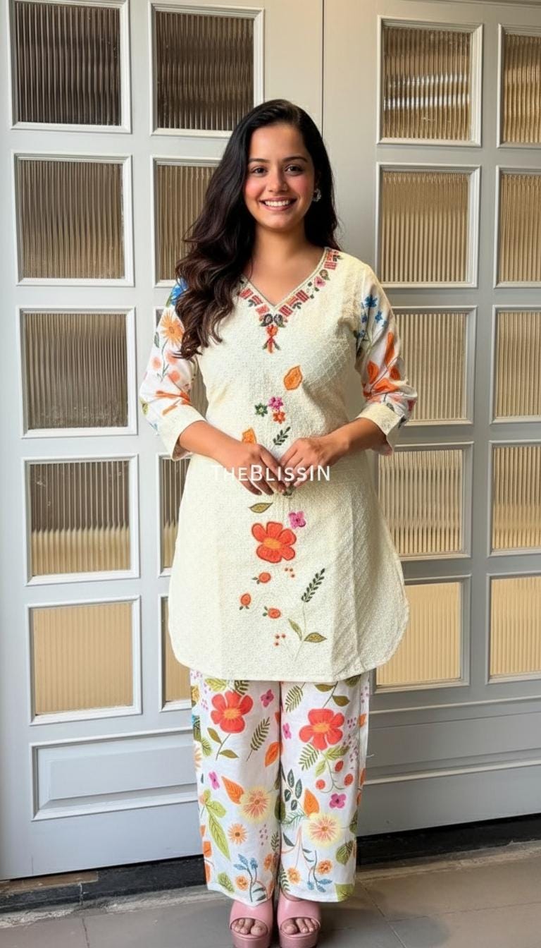 Cream Cotton Embroidered Kurti with Floral Print Pants Comfortable Summer Ethnic Wear