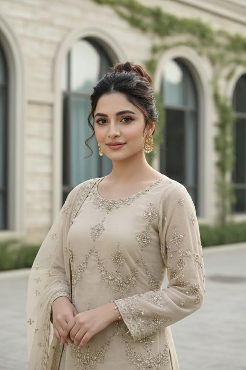 Beige Pakistani Style Palazzo Suit With Dupatta | Embroidered & Sequence Work