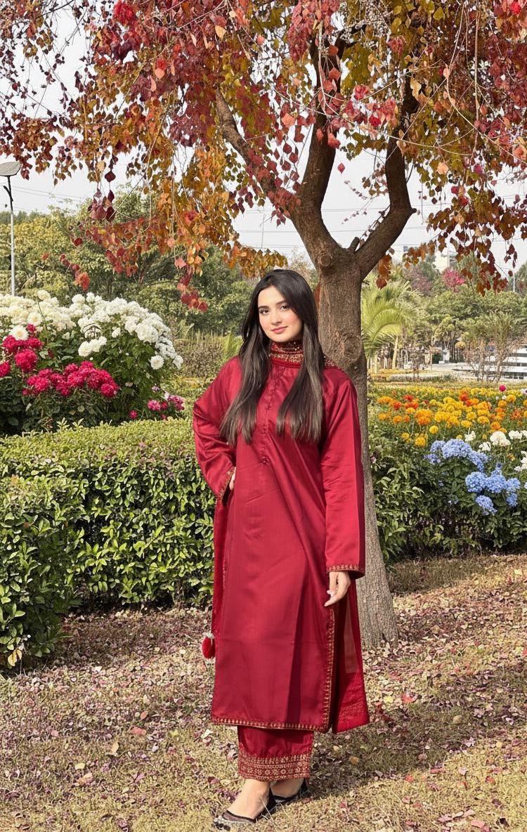 Designer Red Long kurti & Palazzo With Matching Dupatta Set | Sequin Work Suit