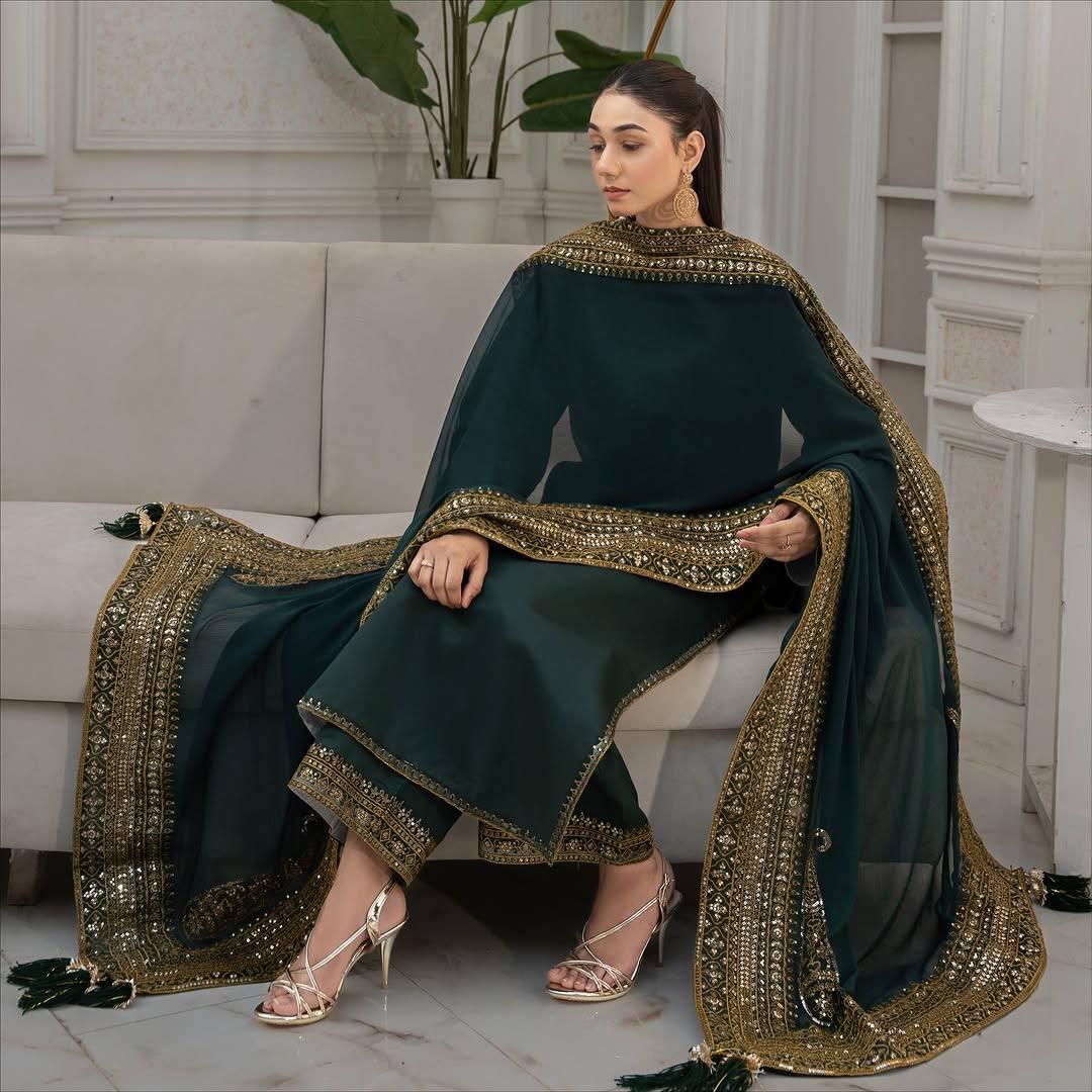 Designer Deep Mystique Green 3 Piece Stitched Suit Pakistani / Punjabi Nikkah Set Eid Outfit