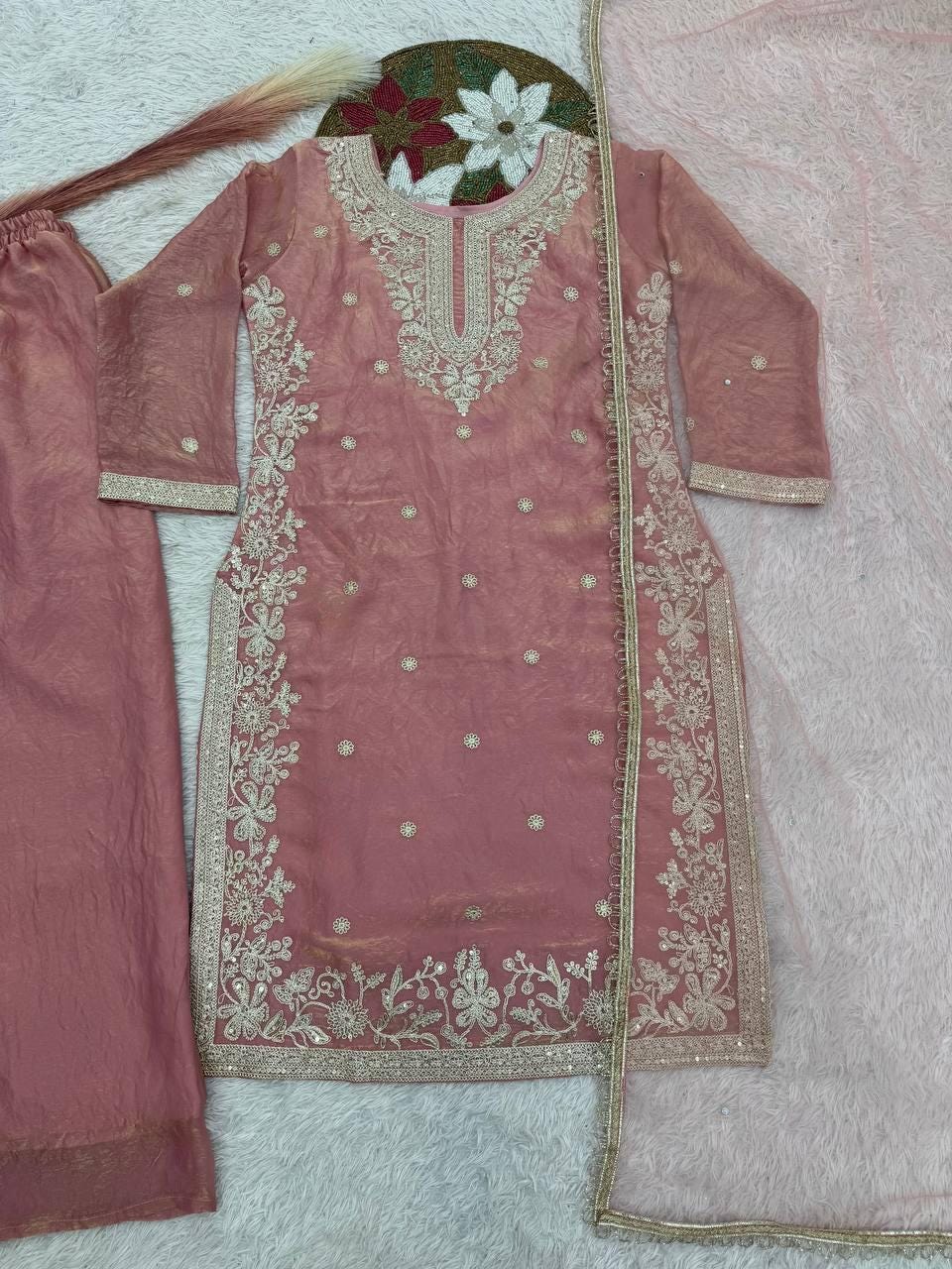 Designer Dusty Pink Embroidered Kurti Palazzo Set with Net Dupatta