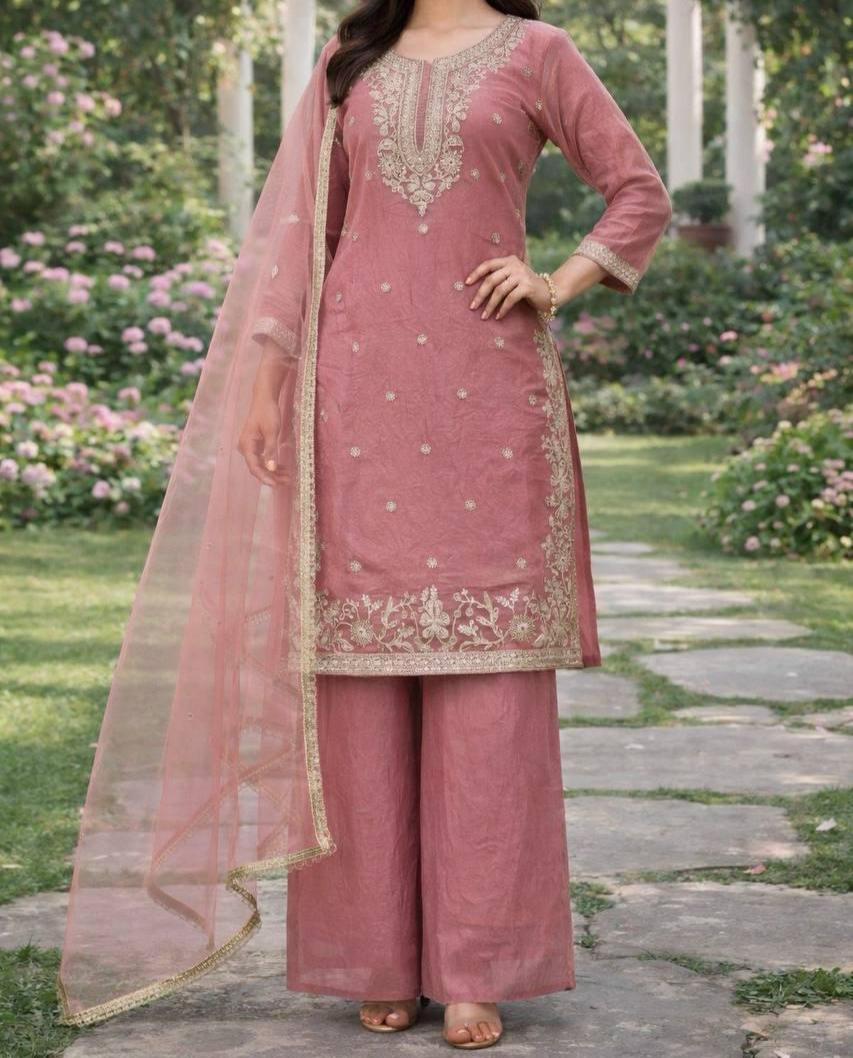 Designer Dusty Pink Embroidered Kurti Palazzo Set with Net Dupatta