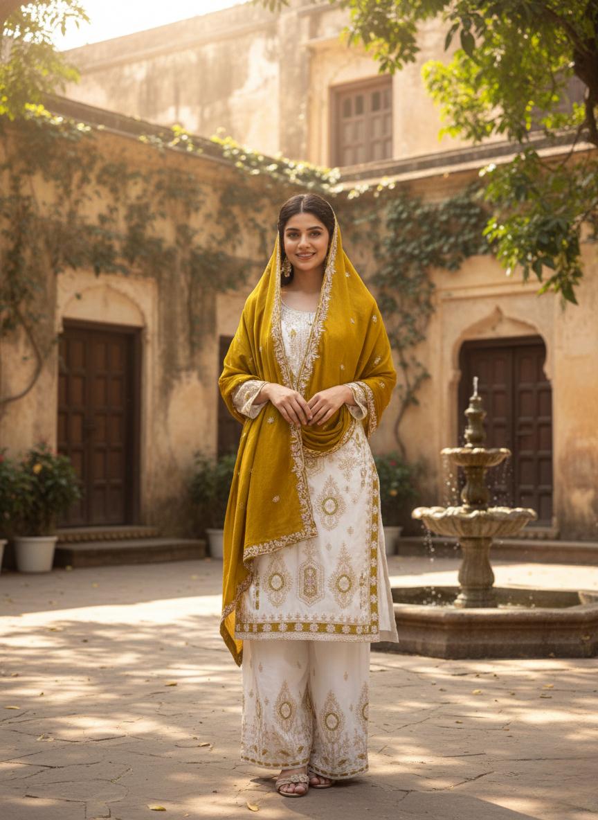 Designer Pure Chinon Silk Detailed Sequin Embroidered Palazzo Suit With Velvet Dupatta Set