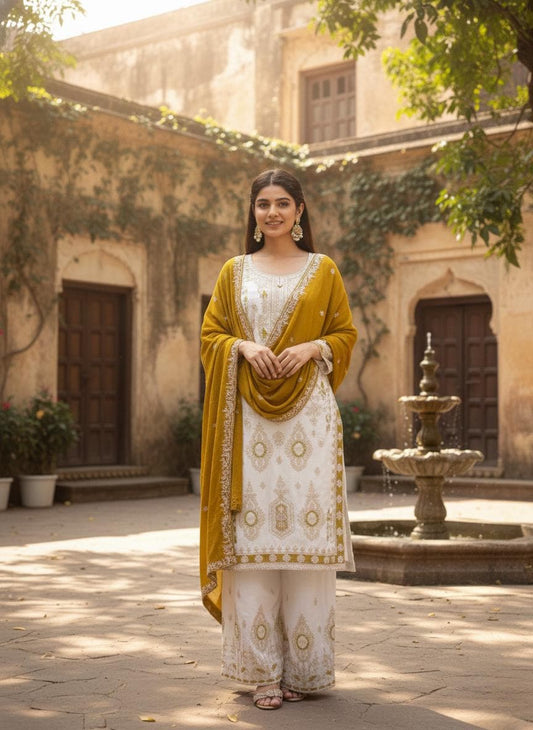 Designer Pure Chinon Silk Detailed Sequin Embroidered Palazzo Suit With Velvet Dupatta Set