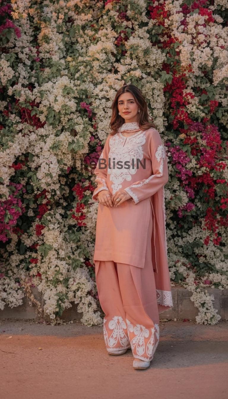 Women Peach Satin Silk Palazzo Suit Set With Full Sleeves Embroidered Work