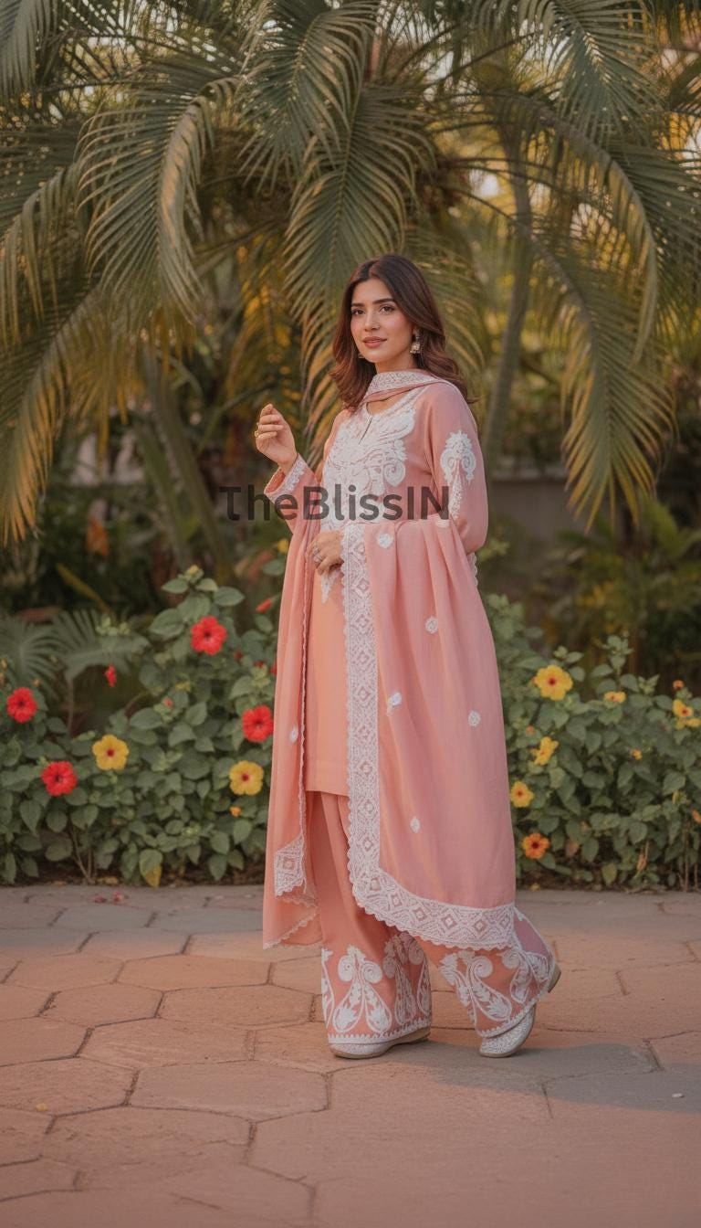 Women Peach Satin Silk Palazzo Suit Set With Full Sleeves Embroidered Work