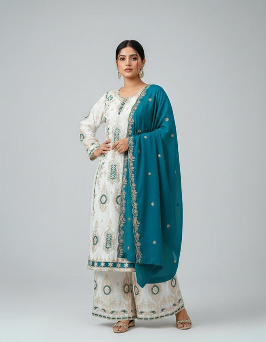 Pure Chinon Silk Heavy Sequin Embroidered Suit Set with Palazzo & Dupatta - Women Ethnic Wear