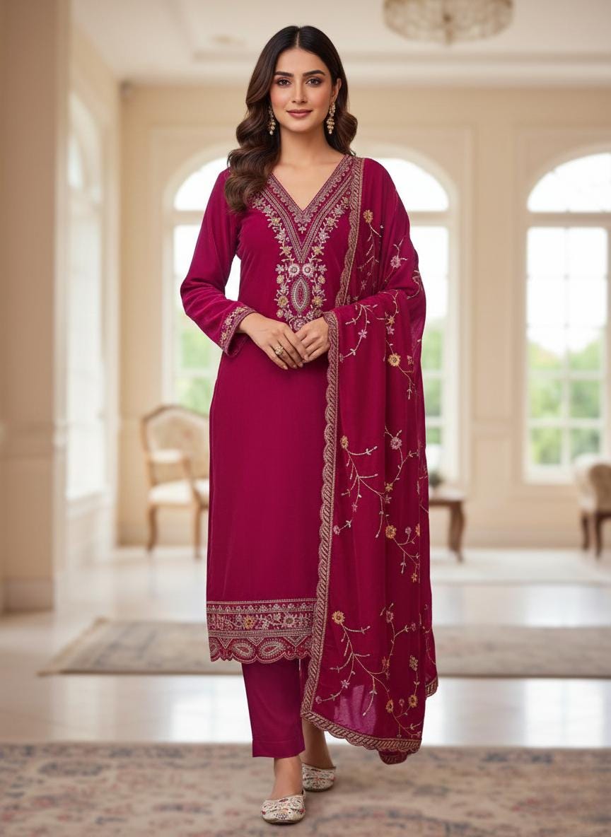Royal Hot Pink Velvet Embroidered Suit Set with Matching Dupatta
